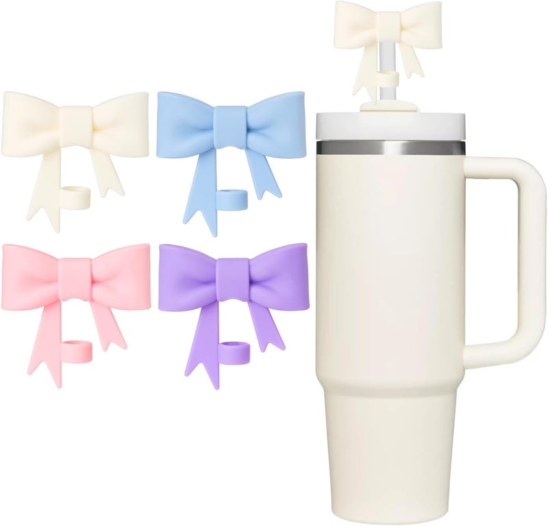 HIUSITY Bow Straw Cover Topper for Stanley Cup,Silicone Beige Pink Straws Toppers for Tumbler with Handle 40oz,Cute 10mm/0.4in Covers Cap,Reusable Lids for Stanleys Cups Accessories, 4Pcs - Image 1